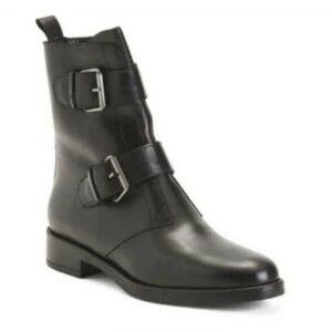 Emanuele Crasto Double Buckle Leather Moto Boots Black size EUR 38 US 7-7.5